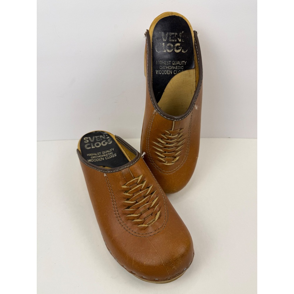 Sven Clogs Tan Leather Woven Wood Platform Orthopaedic Mules Brown Womens 38